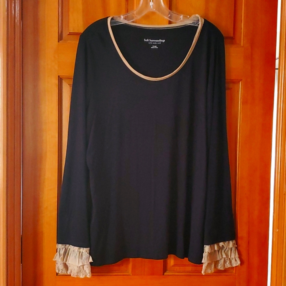 Soft Surroundings Womans Black & Champagne Ruffle‎ Lace Long Sleeve Top Size XL - Picture 2 of 10